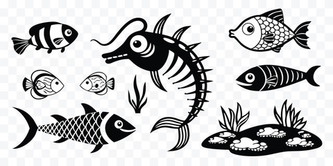 Black and White Fish Vector Illustration Collection for Kids Books and Creative Designs with a Variety of Aquatic Creatures