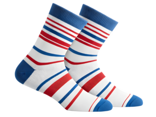 Pair of white socks with red and blue stripes on a black background