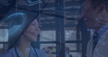 After chatting nurse and doctor displaying holographic charts and reviewing patient data with code - Powered by Adobe