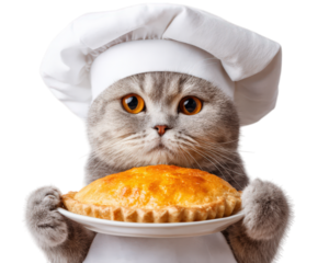 Cat chef costume holiday pie photo object gray dessert animal cute funny pet food pastry baked sweet plate holding kitchen celebration festive homemade delicious bakery whiskers mammal fur eyes