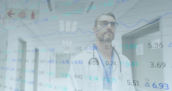 Doctor walking hospital corridor while transparent financial data overlay appearing updating graphs - Powered by Adobe