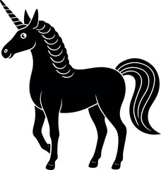Unicorn head with elegant spiral horn in graceful black silhouette vector art