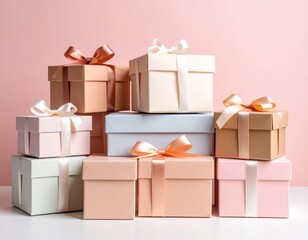 Beautifully wrapped gift boxes in pastel shades with elegant satin ribbons, perfect for celebrations