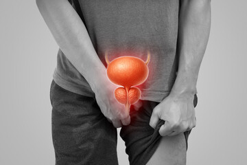 Illustration of male urinary and prostate health issues. Useful for medical, urology, or cancer...