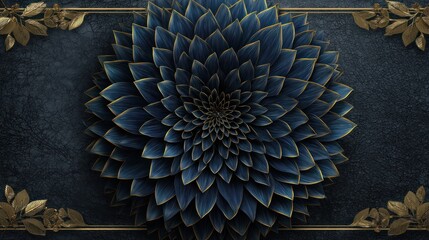 Elegant Blue Dahlia: A captivating dark blue dahlia, its intricate petals meticulously arranged, sits upon a textured background, adorned with decorative gold accents.
