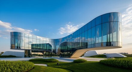 Futuristic Glass Office Building with Blue Sky