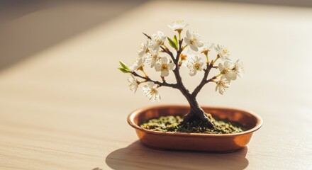 Delicate Bonsai Tree in Bloom with White Flowers on Wooden Table at Soft Natural Light