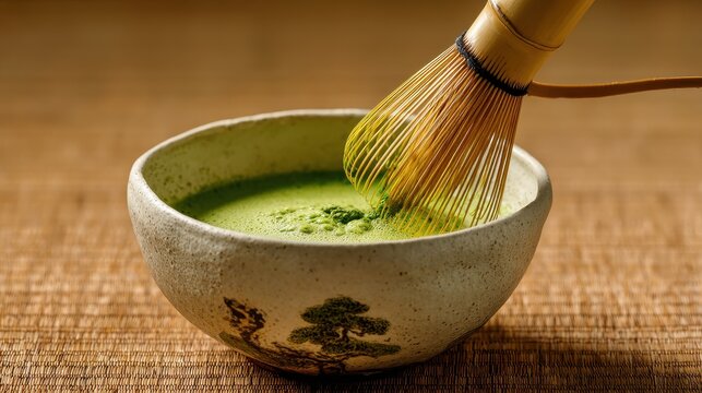 Soft natural light on matcha preparation tools with zen garden, close-up for tea culture promotions or serene still life art.