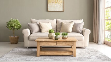 Obraz premium Light beige sofa and wooden coffee table in a living room.