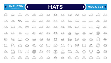 Stylish outline icon set featuring unique hats: beanies, fedoras, caps, sunhats & more. Perfect for fashion apps, branding, print, and web. Clean, minimal. Editable stroke outline icon.