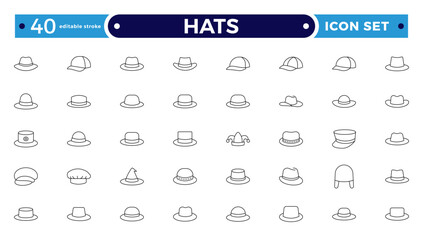Stylish outline icon set featuring unique hats: beanies, fedoras, caps, sunhats & more. Perfect for fashion apps, branding, print, and web. Clean, minimal. Editable stroke outline icon.
