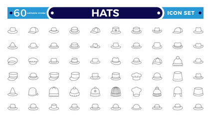 Stylish outline icon set featuring unique hats: beanies, fedoras, caps, sunhats & more. Perfect for fashion apps, branding, print, and web. Clean, minimal. Editable stroke outline icon.