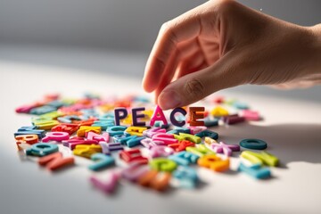 Building a message of peace with colorful letter blocks on a bright surface