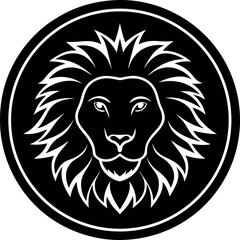 Lion medallion with thick circle border and centered lion face in silhouette style