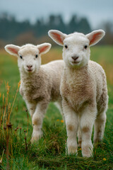Fototapeta premium Calm and Serene: Adorable Baby Lambs Grazing in a Lush Green Pasture on a Sunny Spring Day, Embracing the Joys of Nature and Simple Rural Life