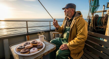 Obraz premium fisherman resting while eating donuts in the fishing ship on the sea