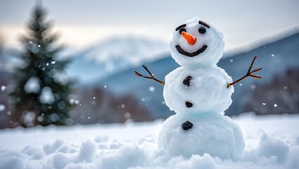 Obraz premium Cheerful Snowman in a Snowy Landscape with Mountains and Falling Snow