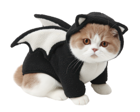 Cat costume bat wing Halloween annoyed pet animal fur cute feline domestic mammal white brown sitting isolated playful funny expression dress party celebration fantasy cosplay adorable whisker ear