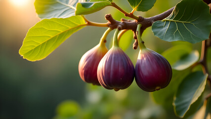 Ripe Figs Hanging from Branch with Large Green Leaves &ndash; Ultra Realistic 4K Detail