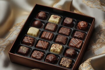 Luxurious box of assorted chocolates features intricate designs, artfully arranged on soft silk fabric. Perfect for gifting or a special treat in an upscale setting