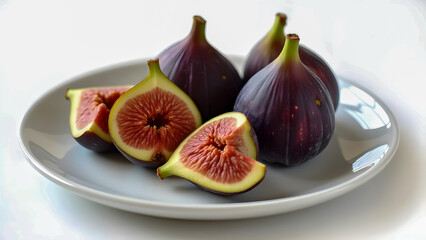 Halved and Whole Figs on Plate with White Background &ndash; Gourmet Food Styling