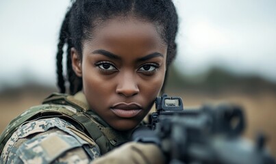 Close-up of black female army soldier holding weapon in professional military setting, symbolizing bravery and dedication, Generative AI