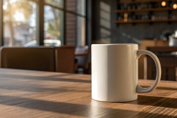 Fototapeta premium Mockup of a ceramic coffee cup on a wooden table with natural lighting. Design illustration.