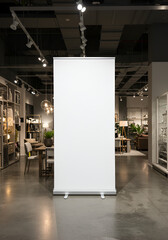 Blank roll-up banner in a modern store