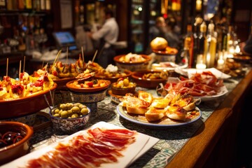 Obraz premium A lively tapas bar filled with patrons enjoying traditional Spanish dishes like patatas bravas, jamon iberico, and an array of olives and breads. The ambiance is warm and inviting