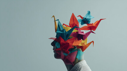 Glass head filled with colorful origami birds flying out, metaphor for creative thinking