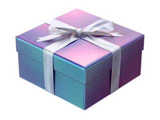 A gradient gift box with a white ribbon on a transparent background