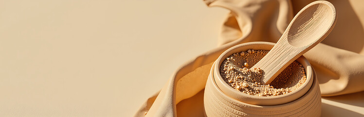warm sunlit wooden spoon fork nestled among biodegradable packaging materials soft beige textured background