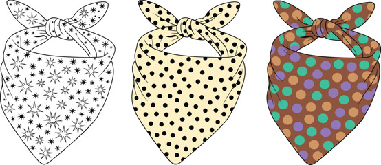 cad drawing flat vector illustration, stylish women’s bandana scarf designs, polka dots, star pattern, colorful fashion accessory, neck scarf design, trendy versatile scarf illustration