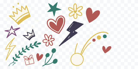 Playful Hand Drawn Doodle Set featuring Crowns Stars Hearts Flowers and Geometric Shapes for Creative Projects