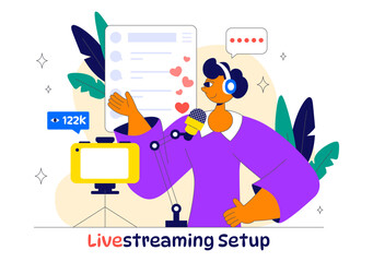Live Streaming Setup Vector Illustration Featuring People as Online Streamers with Multiple Screens, Microphones, and Headphones in a Flat Background