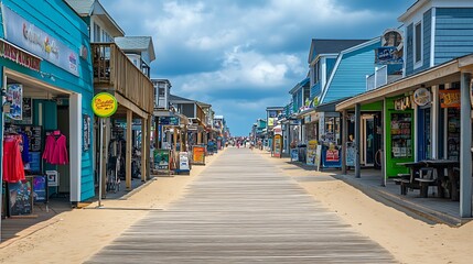 Fototapeta premium A lively beach boardwalk lined with colorful shops and cozy cafes, overlooking the waves and sandy shore.