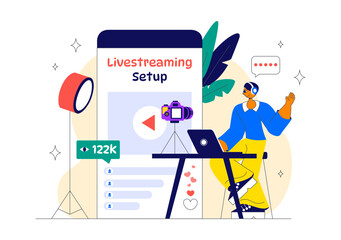 Live Streaming Setup Vector Illustration Featuring People as Online Streamers with Multiple Screens, Microphones, and Headphones in a Flat Background