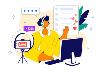 Live Streaming Setup Vector Illustration Featuring People as Online Streamers with Multiple Screens, Microphones, and Headphones in a Flat Background