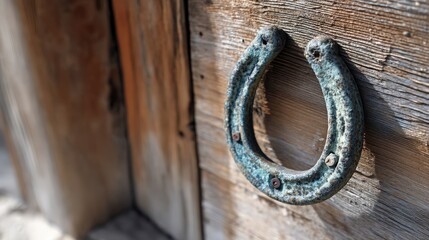 Horseshoe hanging on a wooden wall in a rustic setting at a countryside barn