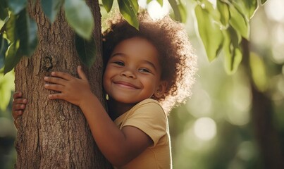 Young child hugging tree in celebration of Earth Day, living sustainably, advocating environmental responsibility and climate awareness, Generative AI