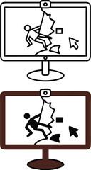 Monitor Icons. Black and White Vector Illustrations. Device For Outputting Any Information From A Computer. Video Of a Man Descending From a Mountain. Video Camera, Gadget, Technology. Device Concept
