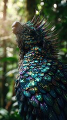 Obraz premium Colorful mythical creature perched in a lush forest at golden hour
