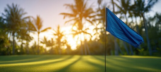 The vibrant blue flag marking the serene golf course at sunset.