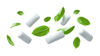Mint flavored chewing gum, white rectangular pieces with mint leaves floating isolated on a transparent background