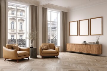 Modern living room with beige leather chairs