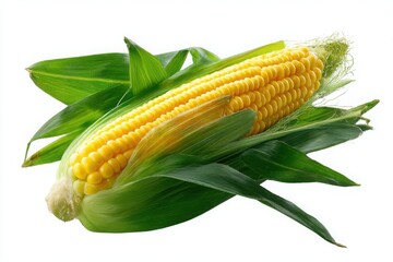 A vibrant image of a fresh ear of yellow corn on the cob, isolated on a clean white background.
