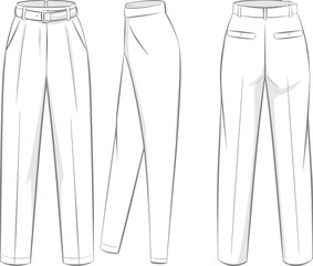 cad drawing flat vector illustration, fashion technical sketch of classic women’s tailored high waist straight leg trousers with belt loops, pockets