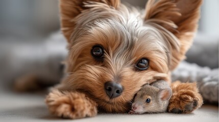 Cute dog and mouse cuddling together on a soft surface during the afternoon