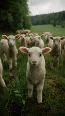 Obraz premium Calm and Serene: Adorable Baby Lambs Grazing in a Lush Green Pasture on a Sunny Spring Day, Embracing the Joys of Nature and Simple Rural Life