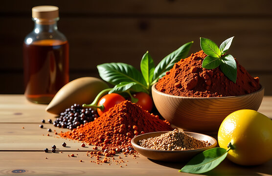 vibrant colorful culinary tools aromatic spices artfully arranged rustic wooden kitchen background warm soft